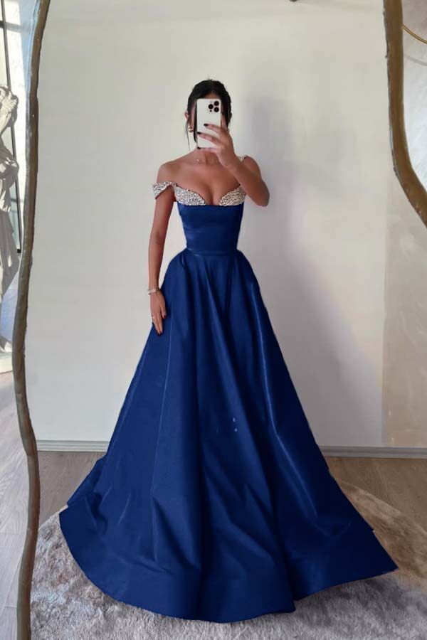 Off the Shoulder Sleeveless Long Prom Dress With Beading Pleated