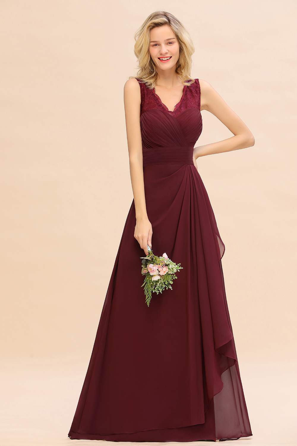 BMbridal Elegant Lace V-Neck Burgundy Chiffon Bridesmaid Dresses with Ruffle-BMbridal