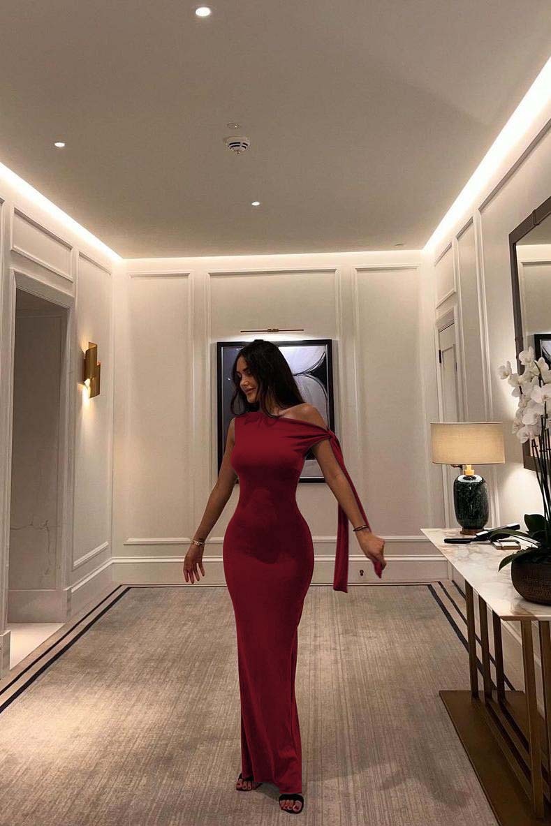 One Shoulder Sleeveless Mermaid Long Prom Dress With Pleated