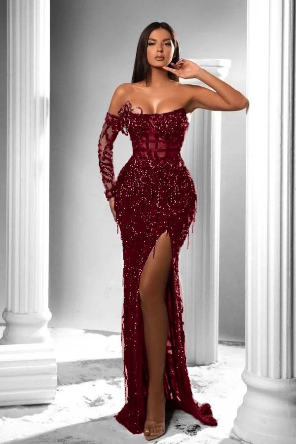 Strapless Long Sleeve High Split Long Prom Dress With Appliques