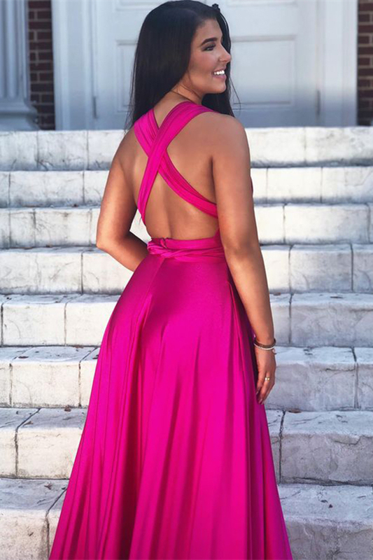 Sleeveless Fuchsia Deep V Neck Backless A Line Long Prom Dress With Split