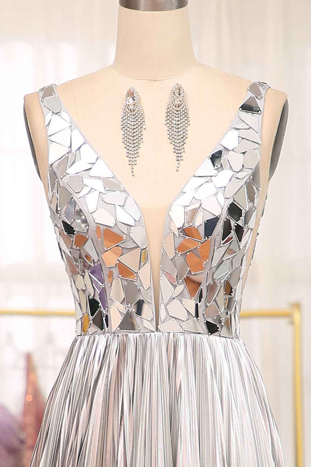 Sparkly A Line Deep V Neck Silver Long Prom Dress with Beading