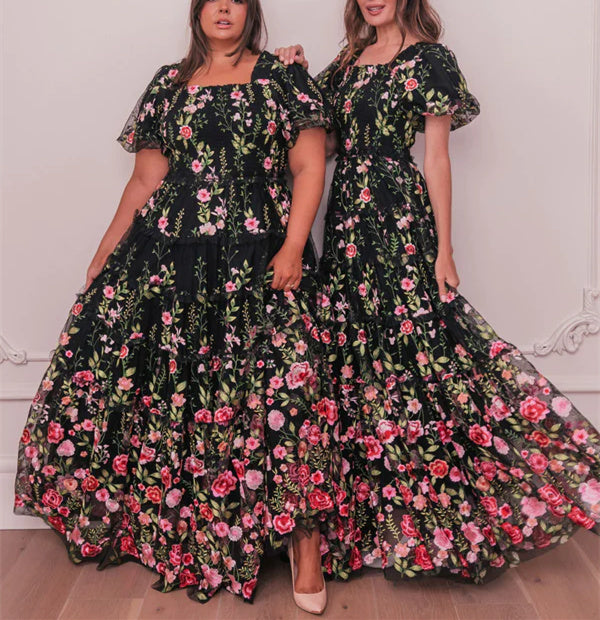 V-Neck Floral A-Line Princess Party Dresses With Short Sleeves