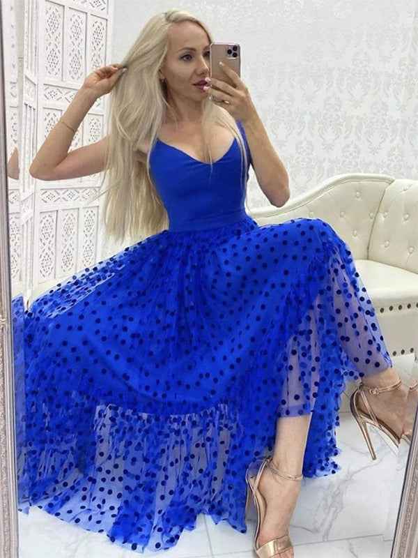 Blue A Line V Neck Tulle Tea Length Prom Dress