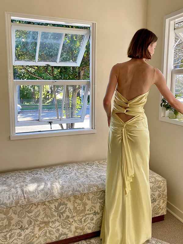 Yellow Sheath Spaghetti Straps Long Prom Party Dress with Keyhole Back