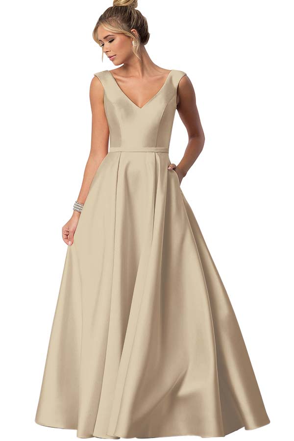 Straps V Neck Sleeveless Long Prom Dress With Pockets Pleated