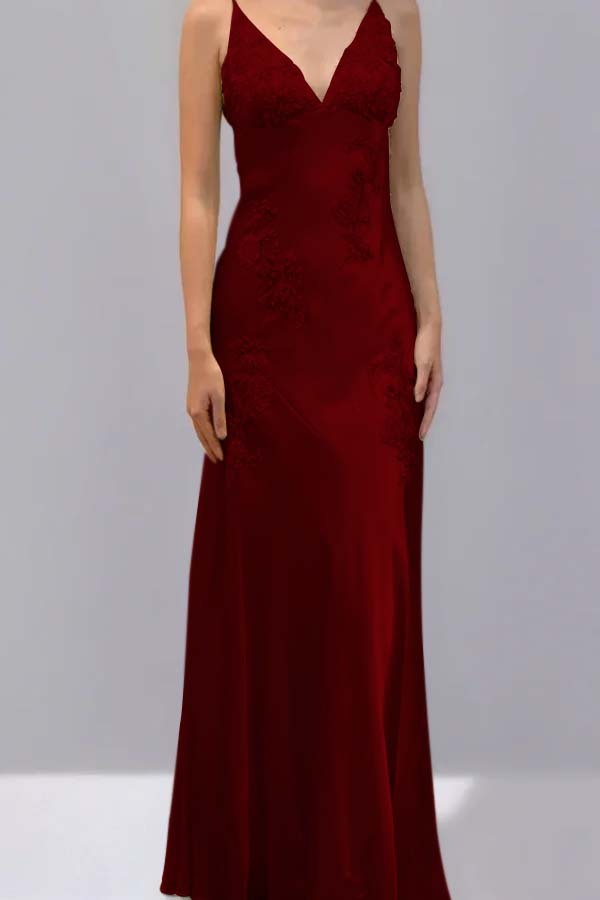 Spaghetti Strap V Neck Sleeveless Long Prom Dress With Appliques