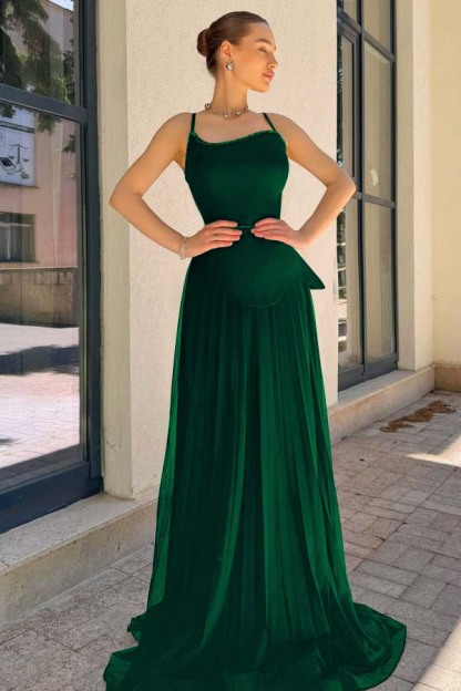 Spaghetti Strap Sleeveless Long Prom Dress With Pleated Sequins