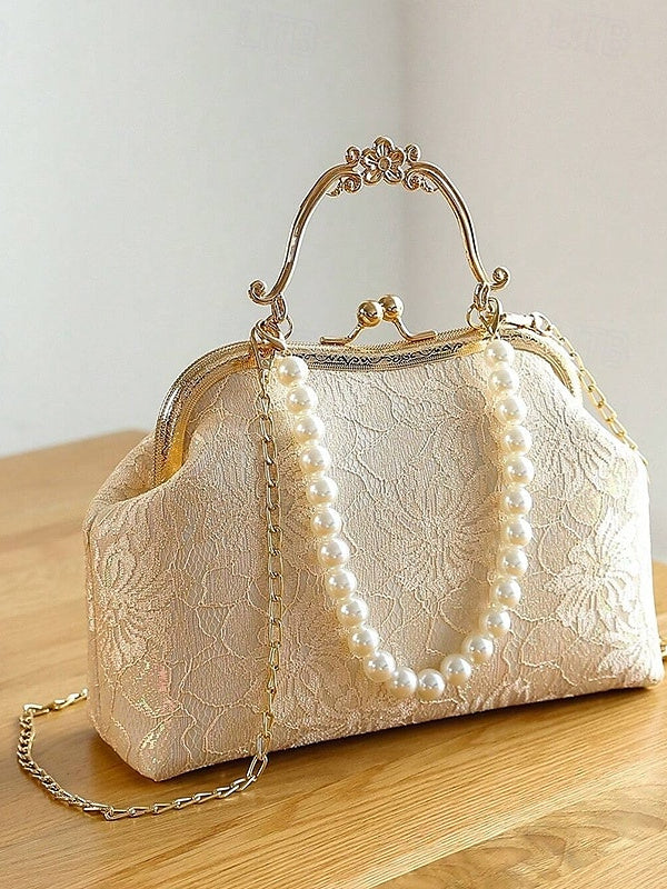 Lightweight Polyester Clutch Bags with Lace, Pearls, and Chain Buckle