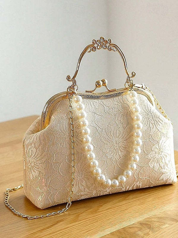 Lightweight Polyester Clutch Bags with Lace, Pearls, and Chain Buckle
