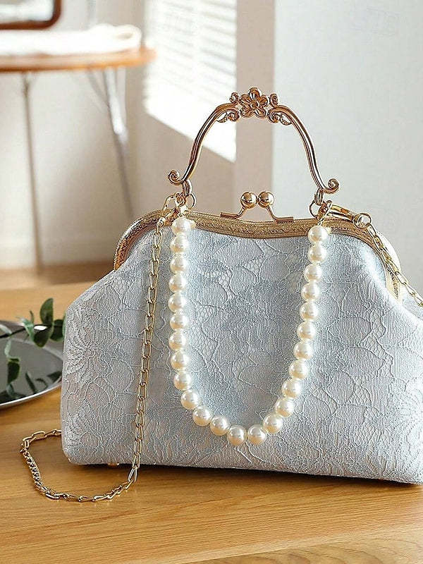 Lightweight Polyester Clutch Bags with Lace, Pearls, and Chain Buckle