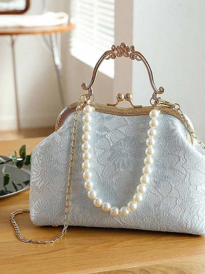 Lightweight Polyester Clutch Bags with Lace, Pearls, and Chain Buckle