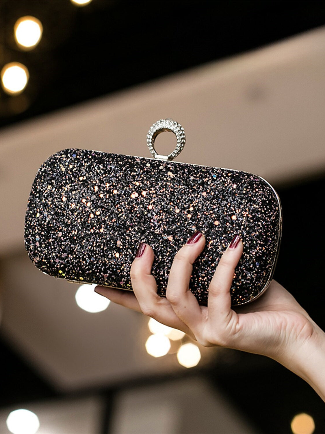 Durable Lightweight PU Leather Rhinestone Clutch in Solid Colors with Large Capacity