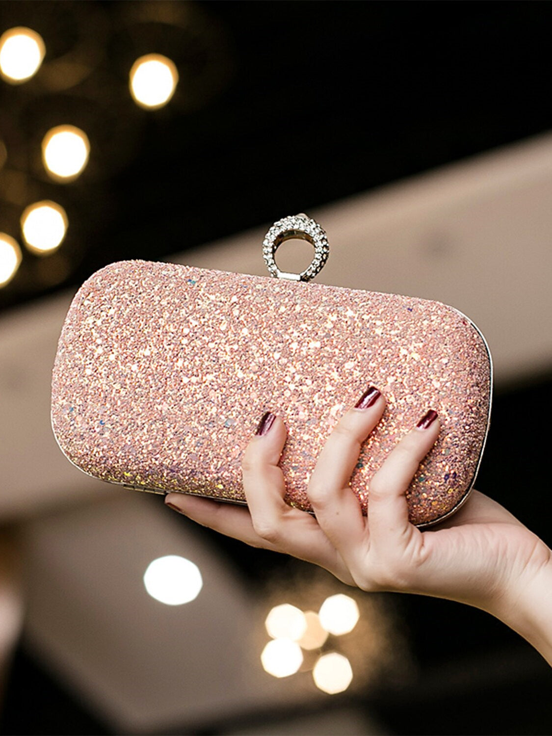 Durable Lightweight PU Leather Rhinestone Clutch in Solid Colors with Large Capacity