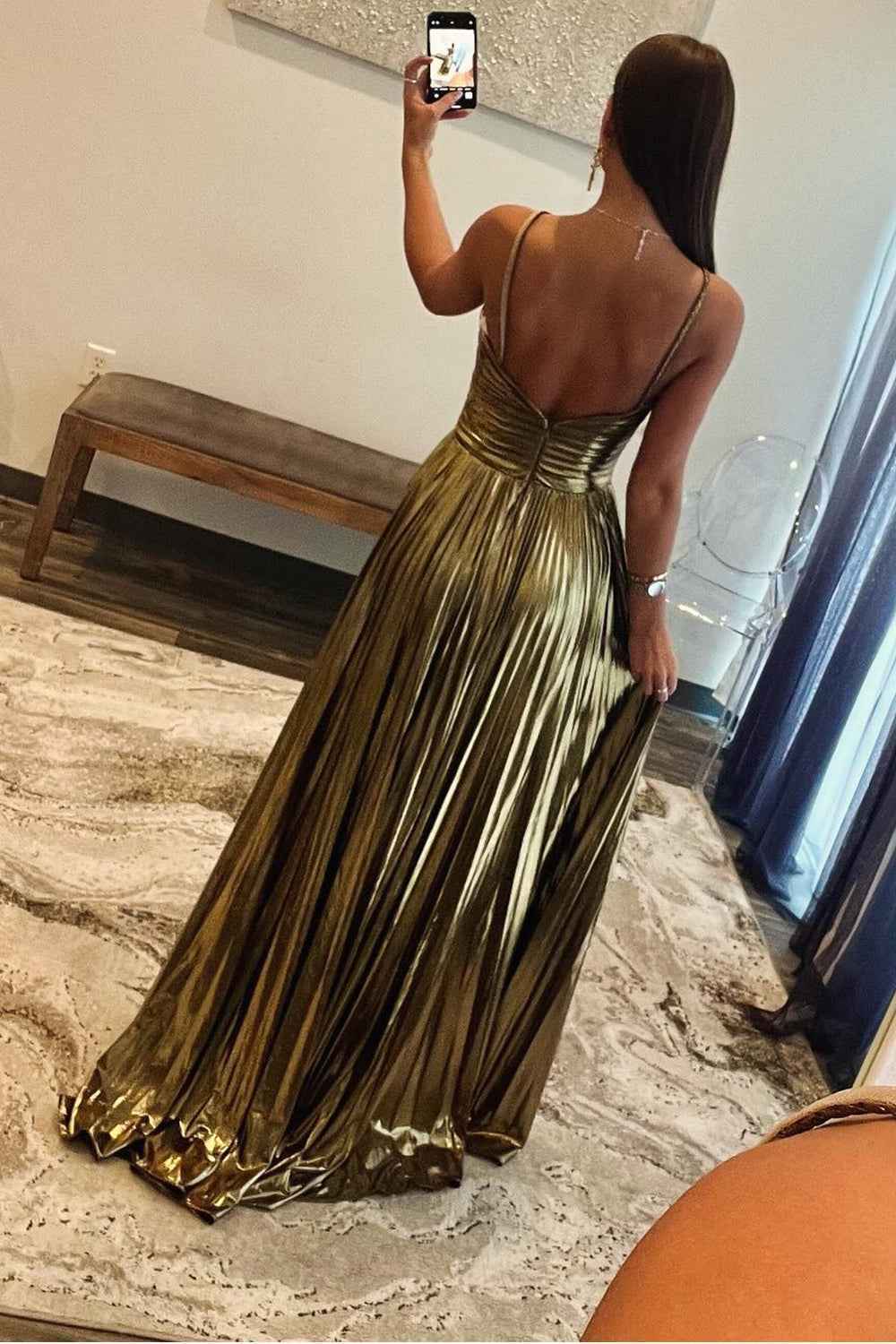 Sparkly Golden A Line Halter Neck Long Prom Dress with Keyhole Slit