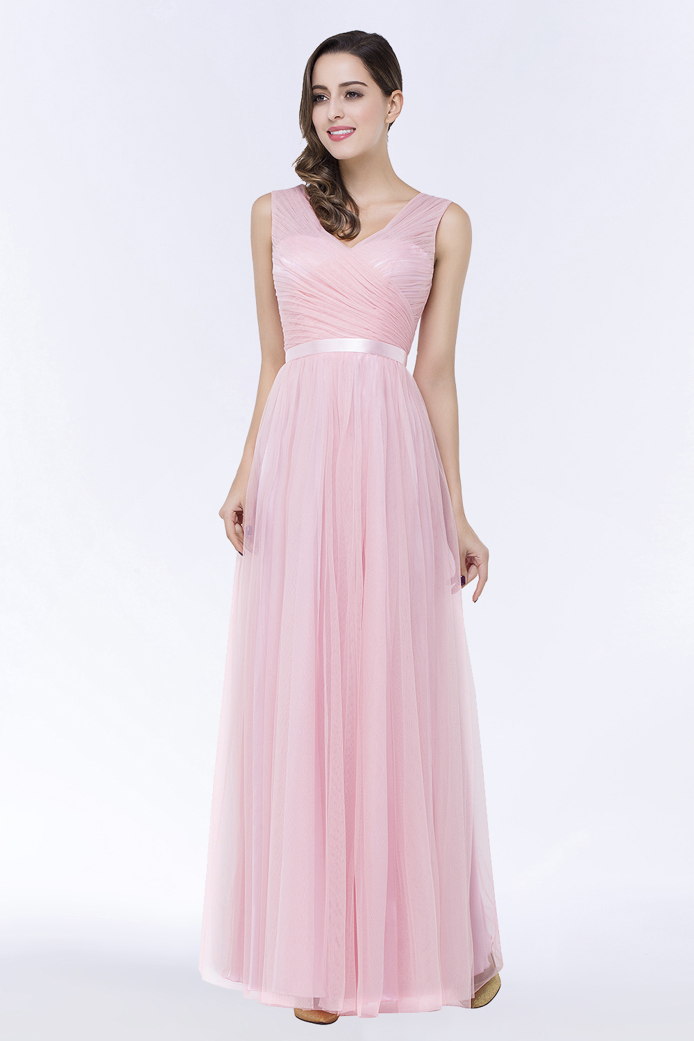 BMbridal Elegant Tulle V-Neck Sleeveless Ruffle Long Bridesmaid Dress with Sash-BMbridal