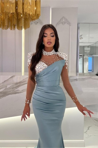 Dusty Blue Prom Dress Long Mermaid Tulle With Beading Ruffles