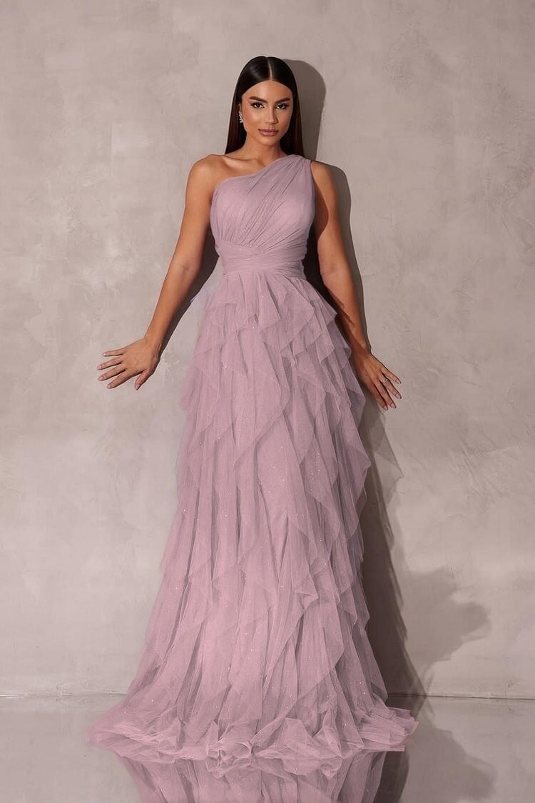 Chic One Shoulder Sleeveless Long Prom Dress With Tulle Ruffle