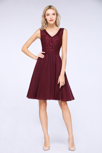 BMbridal Elegant Lace V-Neck Short Burgundy Chiffon Bridesmaid Dress with Ruffle-BMbridal