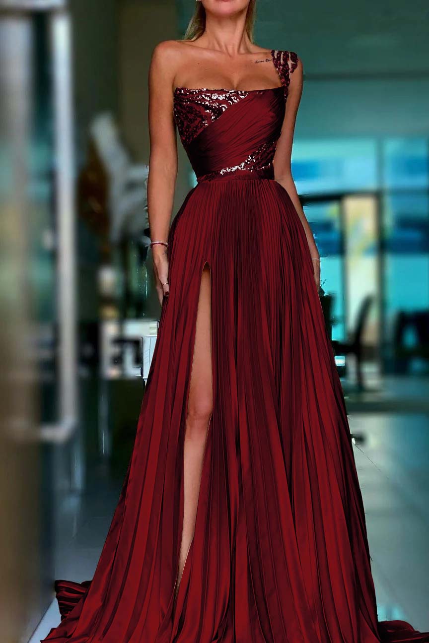 One Shoulder Sleeveless Long Prom Dress With High Split Sequins
