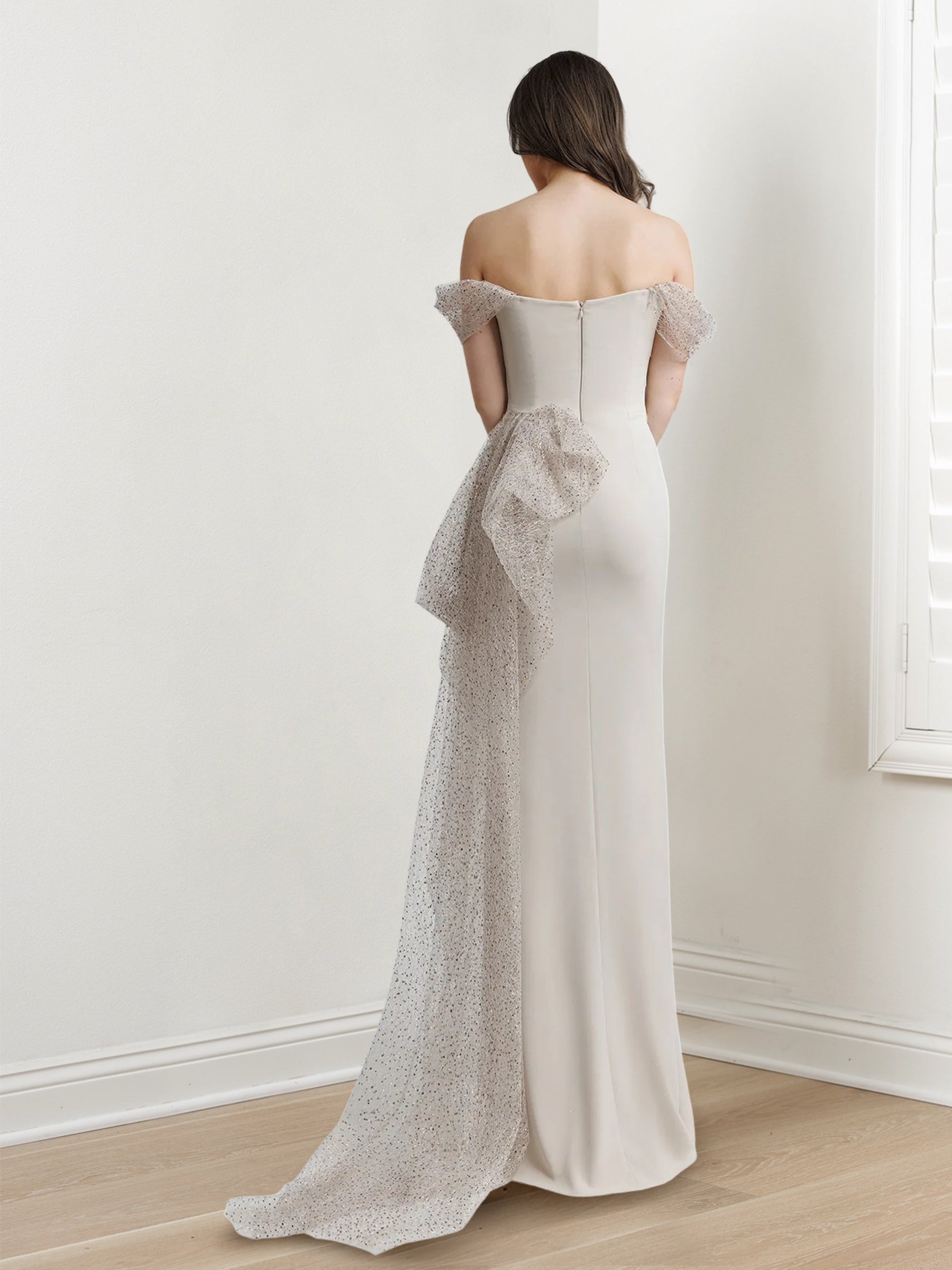 Off-The-Shoulder Short Sleeve Floor-Length Evening Gown with Side Split