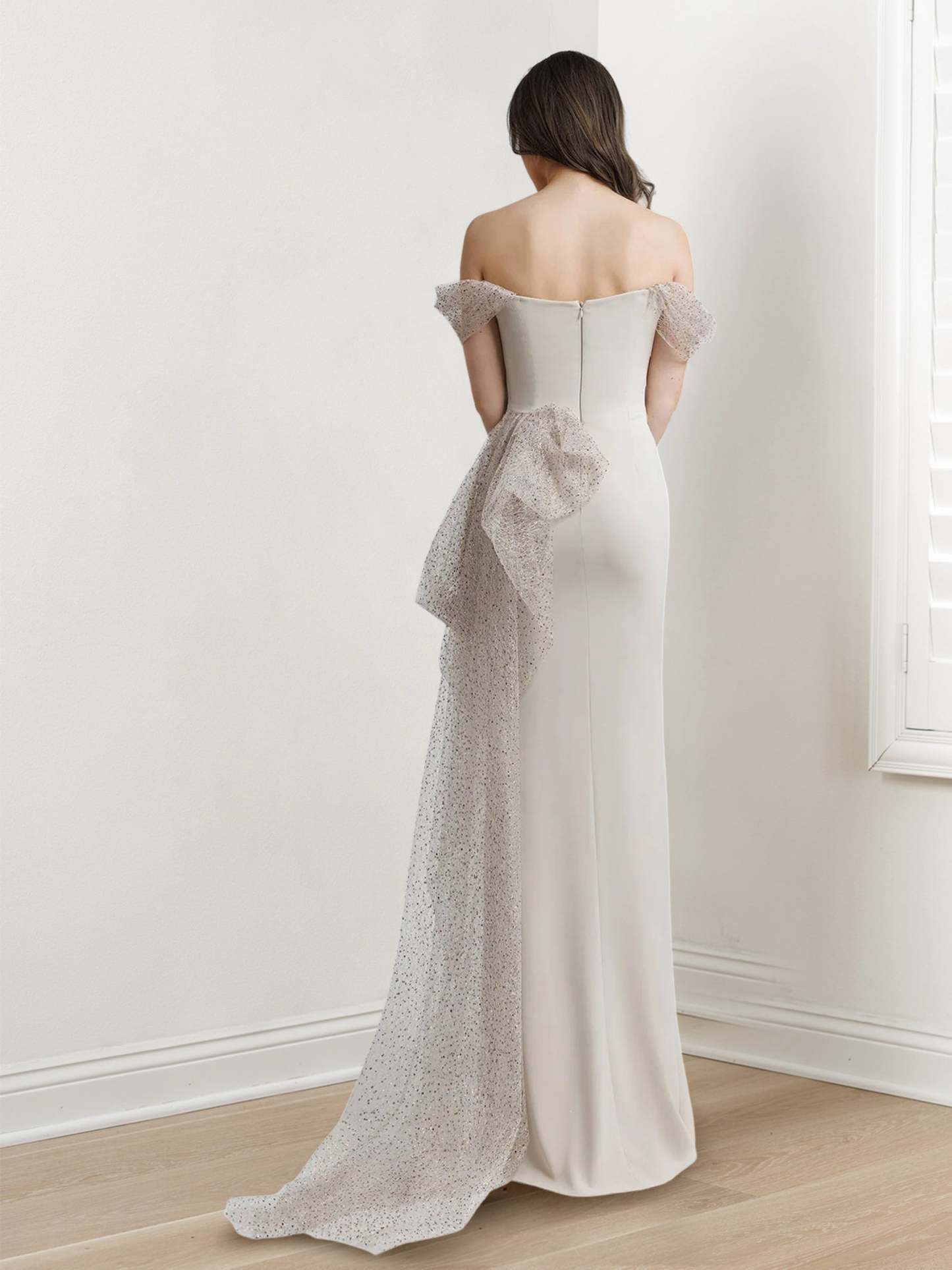 Off-The-Shoulder Short Sleeve Floor-Length Evening Gown with Side Split