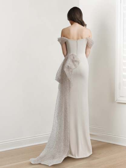 Off-The-Shoulder Short Sleeve Floor-Length Evening Gown with Side Split