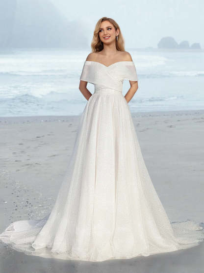 Princess A-Line Floor-Length Off-the-Shoulder Bridal Gown