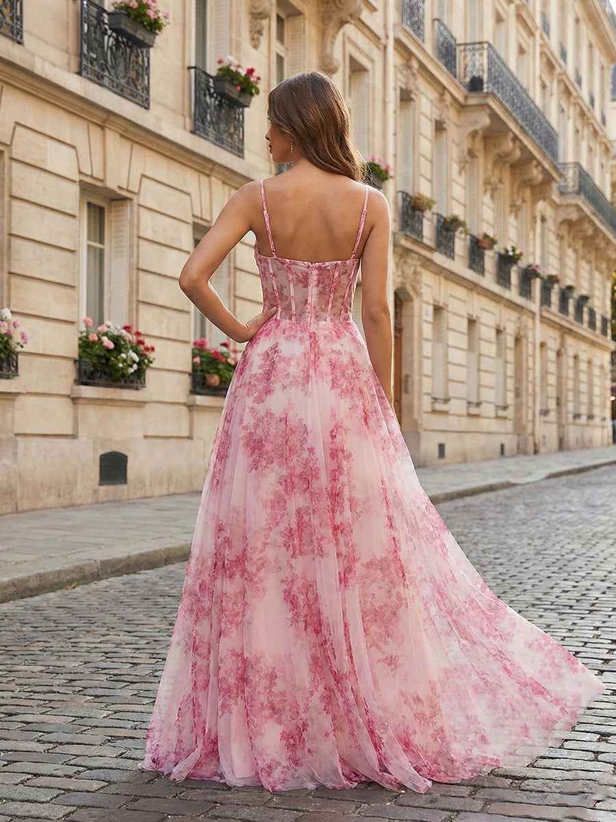 Pink Floral Corset Tulle Long Prom Dress with Delicate Spaghetti Straps