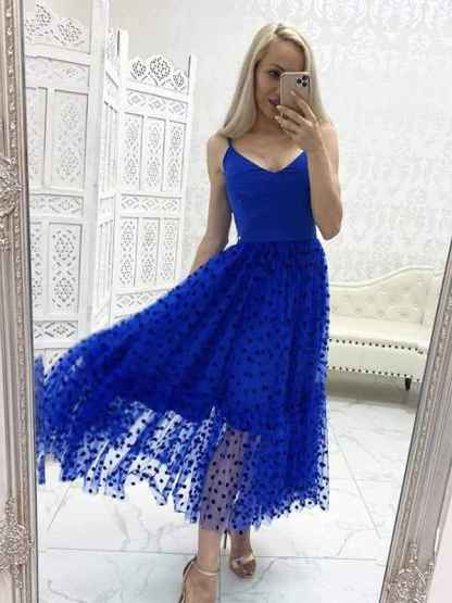 Blue A Line V Neck Tulle Tea Length Prom Dress