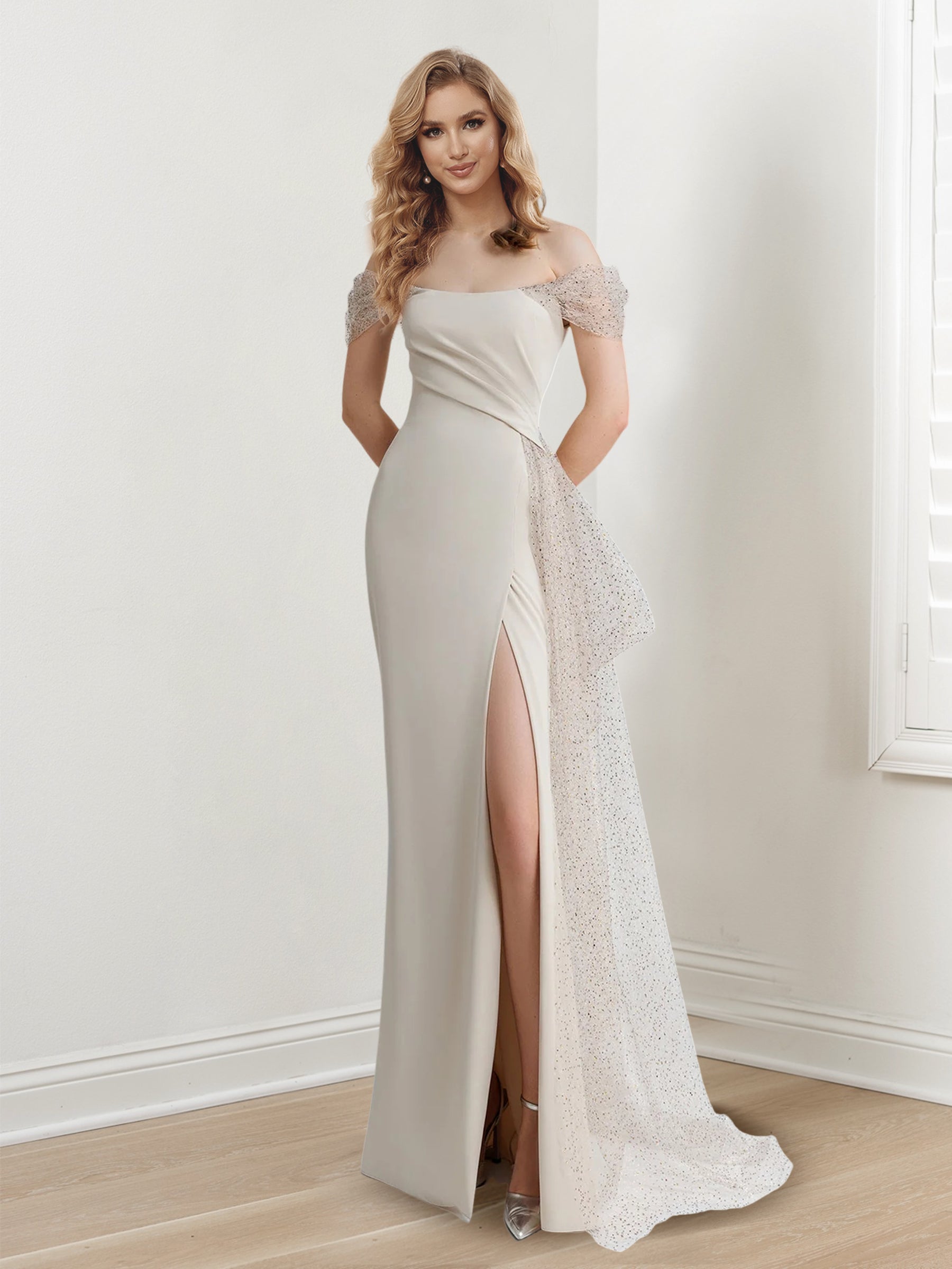 Off-The-Shoulder Short Sleeve Floor-Length Evening Gown with Side Split