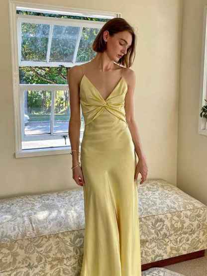 Yellow Sheath Spaghetti Straps Long Prom Party Dress with Keyhole Back