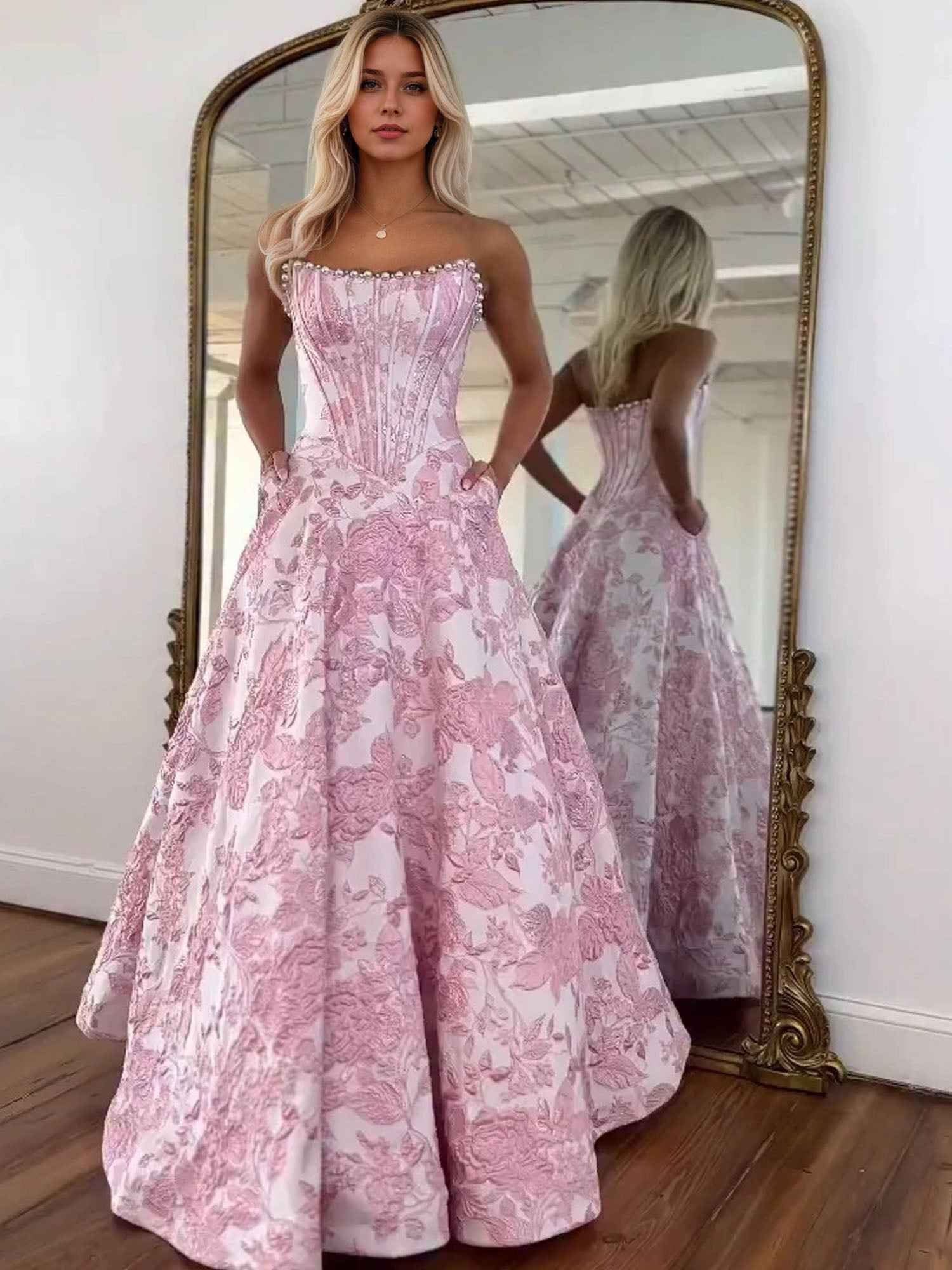 Prom Dresses 3D Floral Strapless Evening Party Dresses with Bead