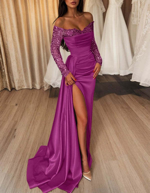 Off-the-Shoulder Floor-Length Prom Dress with Side Split and Sequins