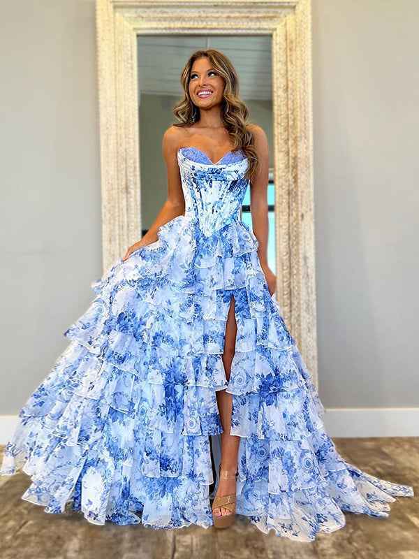 Pink A-Line Strapless Sweetheart Print Tiered Tulle Long Prom Dress with Slit