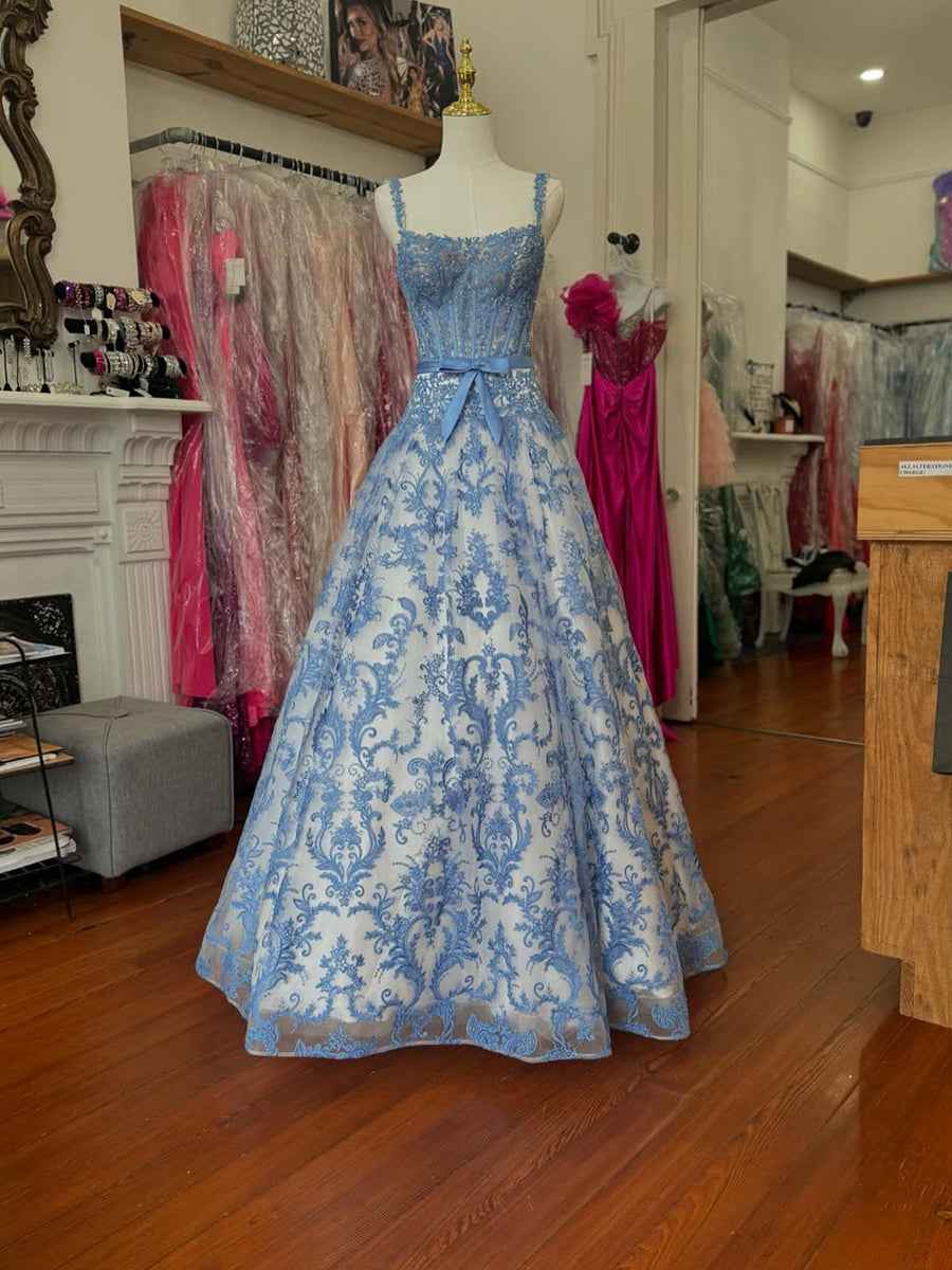 Blue Floral Baroque Lace Corset Long Prom Dress