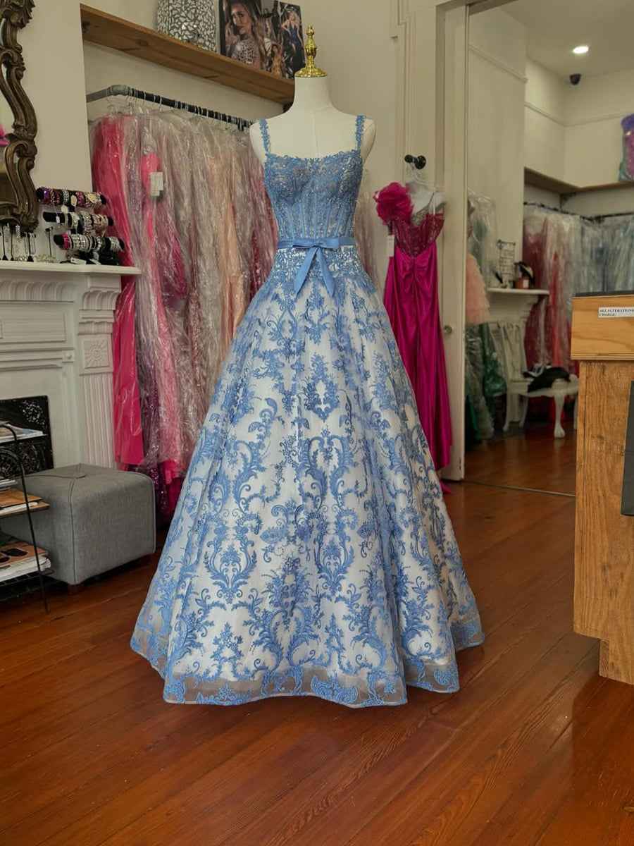 Blue Floral Baroque Lace Corset Long Prom Dress