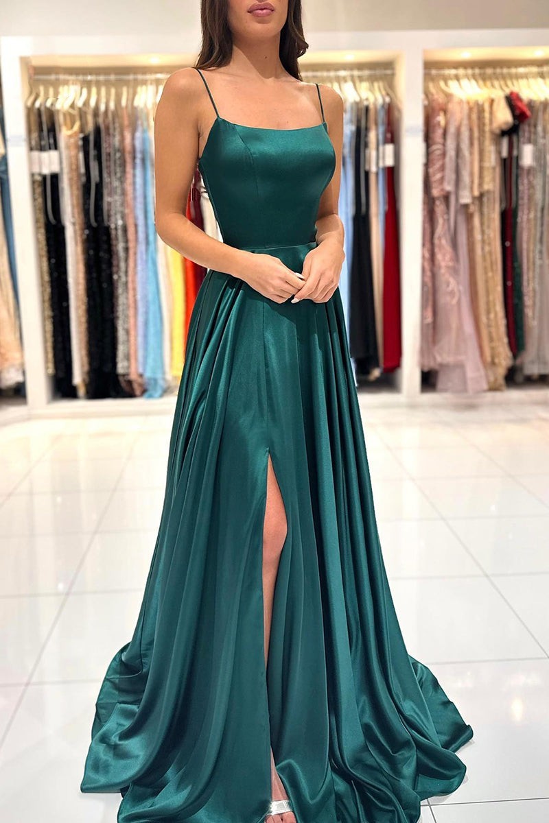 Spaghetti Strap Split Simple Long Prom Dress Green A Line