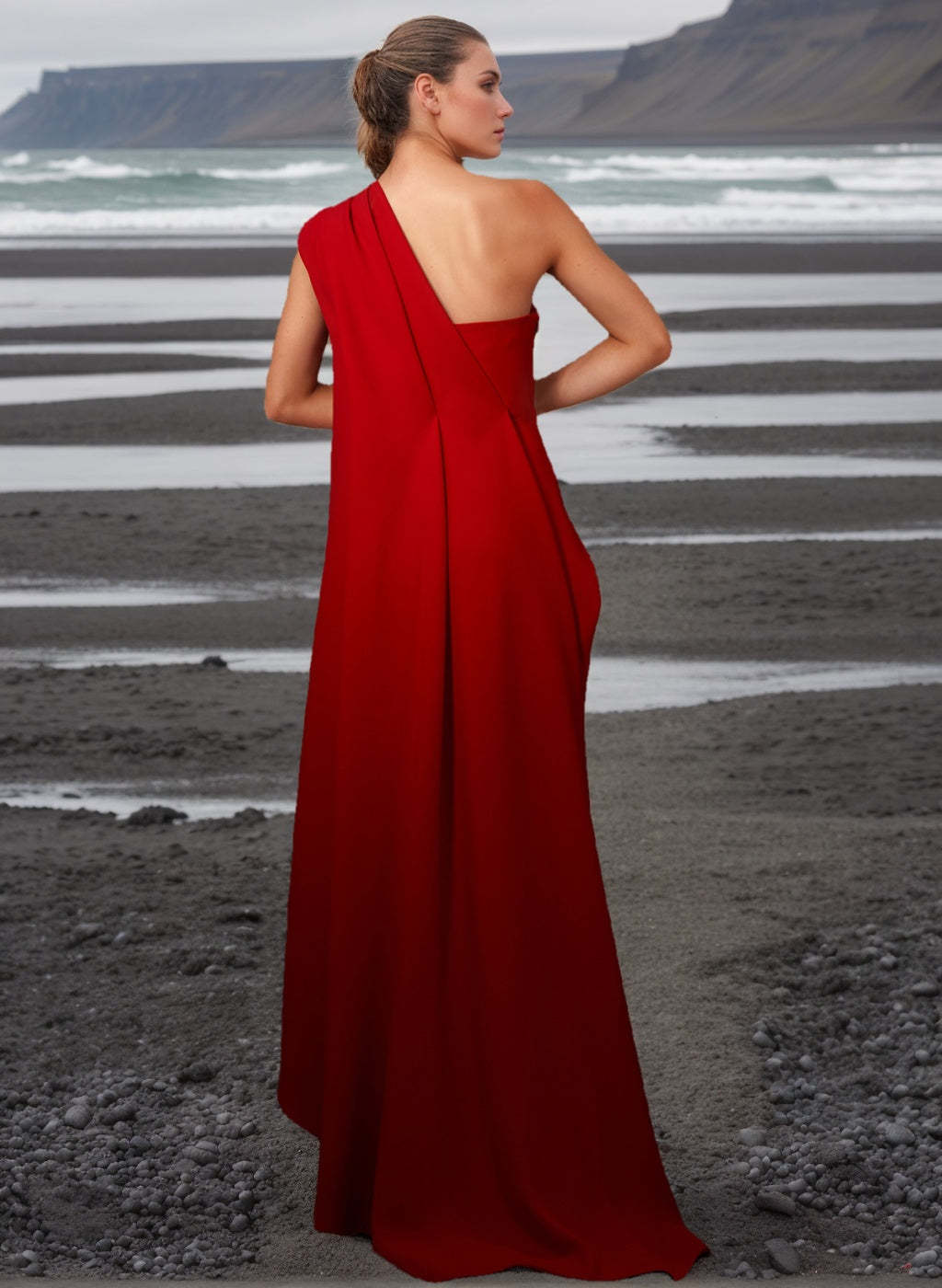 One-Shoulder Sleeveless Pleated Ruched Sheath Evening Gown