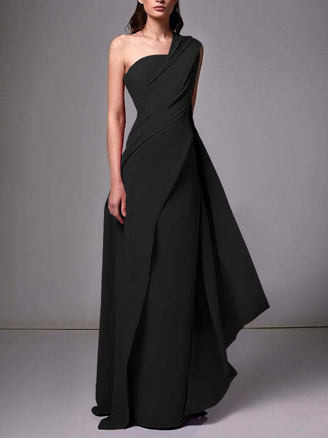 One-Shoulder Sleeveless Pleated Ruched Sheath Evening Gown