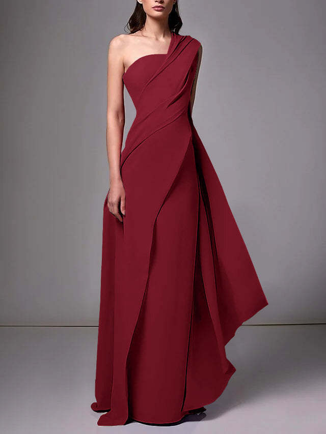 One-Shoulder Sleeveless Pleated Ruched Sheath Evening Gown