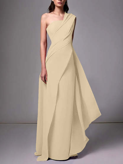 One-Shoulder Sleeveless Pleated Ruched Sheath Evening Gown