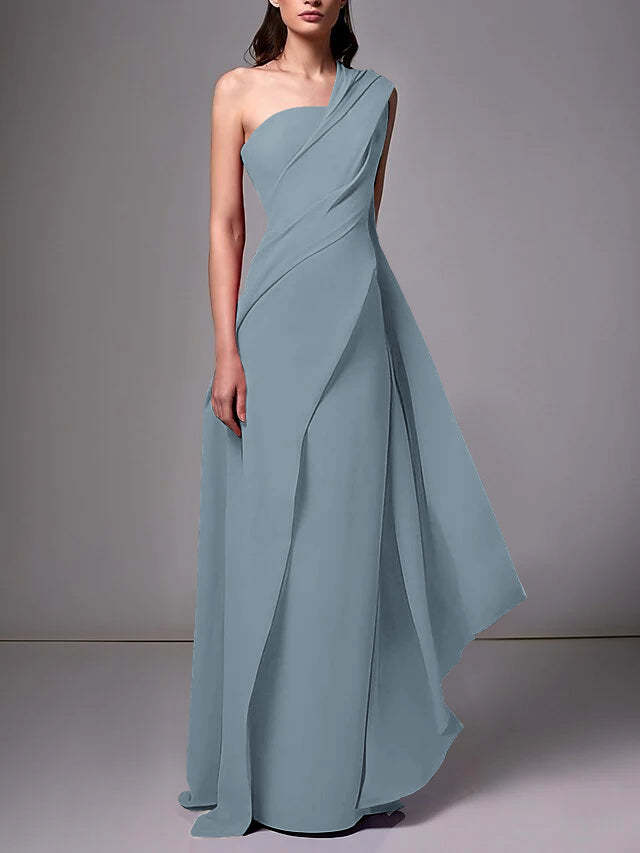 One-Shoulder Sleeveless Pleated Ruched Sheath Evening Gown