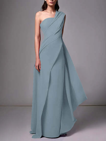 One-Shoulder Sleeveless Pleated Ruched Sheath Evening Gown