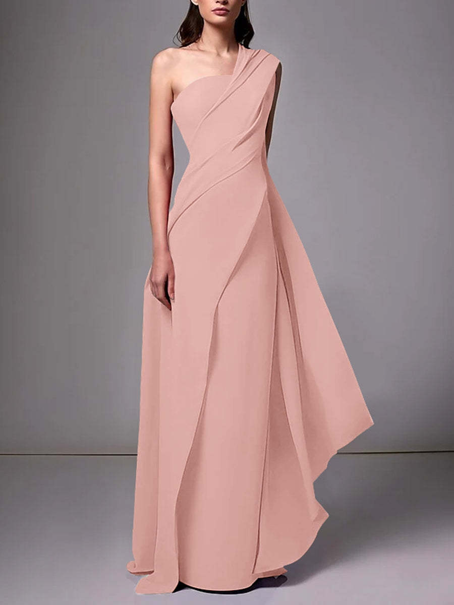 One-Shoulder Sleeveless Pleated Ruched Sheath Evening Gown