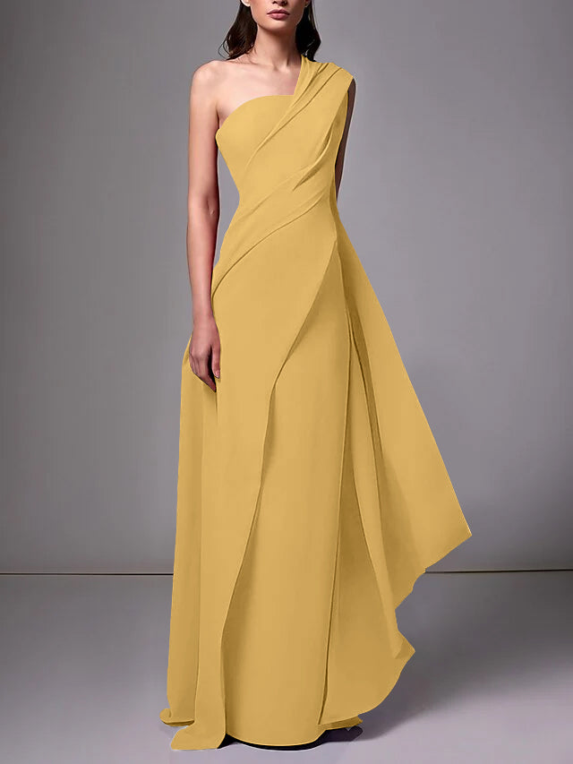 One-Shoulder Sleeveless Pleated Ruched Sheath Evening Gown