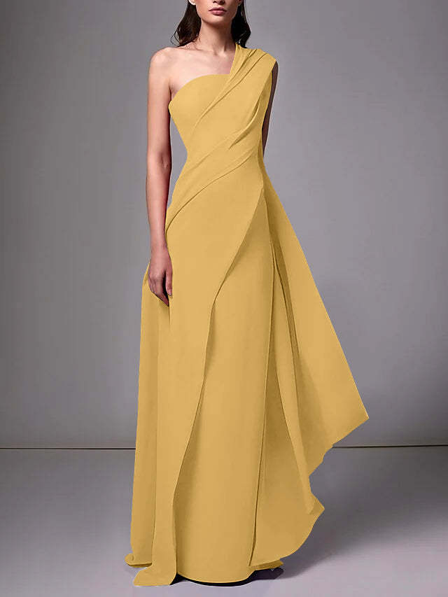 One-Shoulder Sleeveless Pleated Ruched Sheath Evening Gown