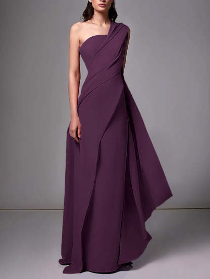One-Shoulder Sleeveless Pleated Ruched Sheath Evening Gown