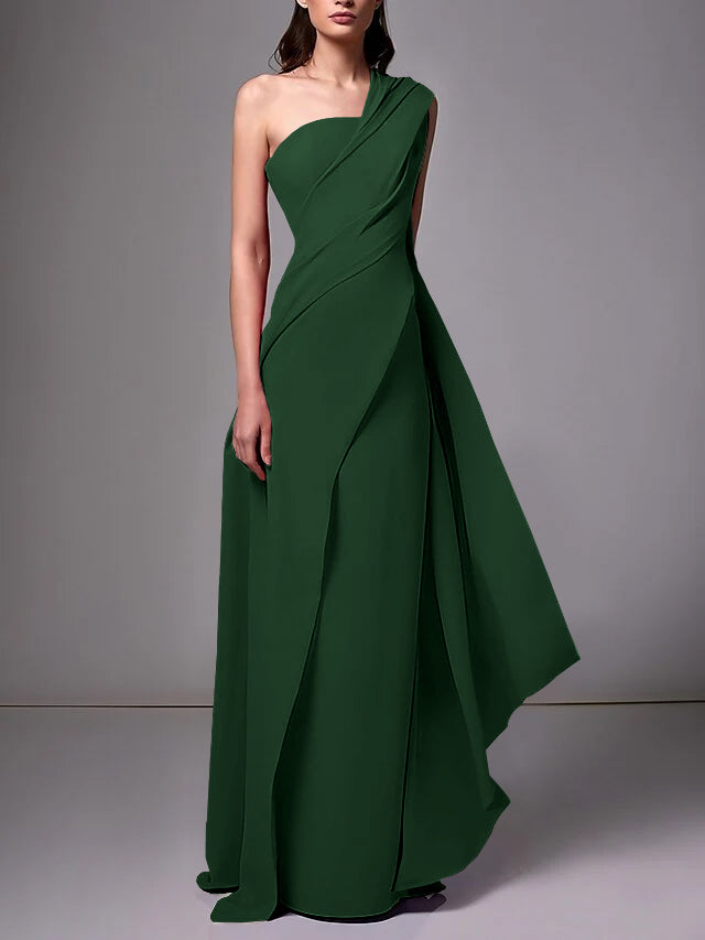 One-Shoulder Sleeveless Pleated Ruched Sheath Evening Gown