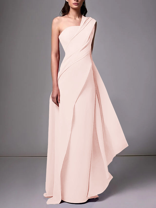 One-Shoulder Sleeveless Pleated Ruched Sheath Evening Gown